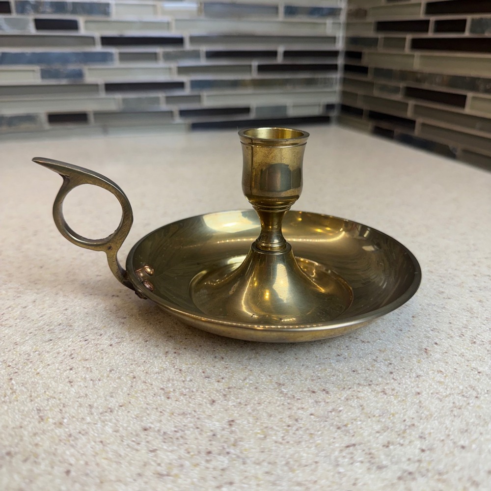 IMA Vintage Solid Brass Chamberstick Candle Holder w/ Finger Loop Made in India